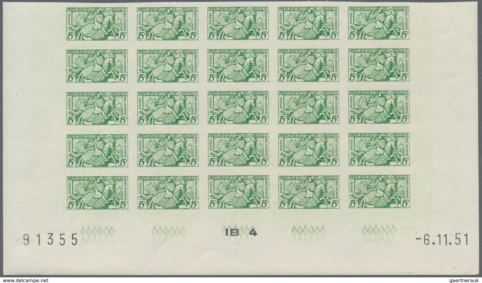 Monaco: 1951, Visiting Card Stamps Complete Set Of Five In IMPERFORATE Blocks Of 25 From Lower Margi - Ongebruikt