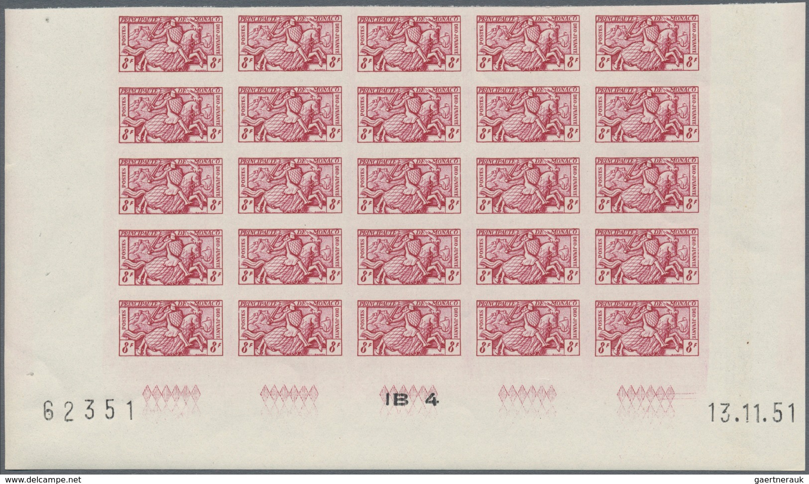Monaco: 1951, Visiting Card Stamps Complete Set Of Five In IMPERFORATE Blocks Of 25 From Lower Margi - Ongebruikt