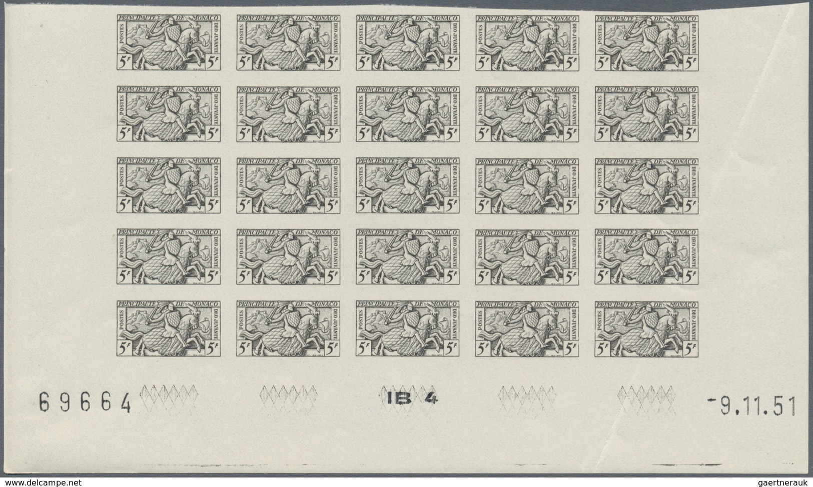 Monaco: 1951, Visiting card stamps complete set of five in IMPERFORATE blocks of 25 from lower margi