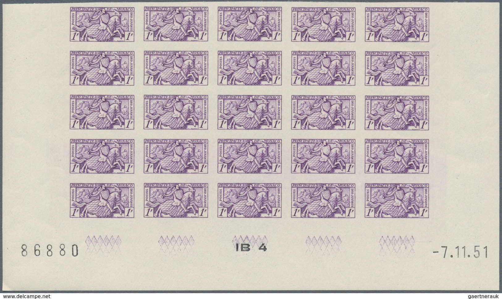 Monaco: 1951, Visiting card stamps complete set of five in IMPERFORATE blocks of 25 from lower margi