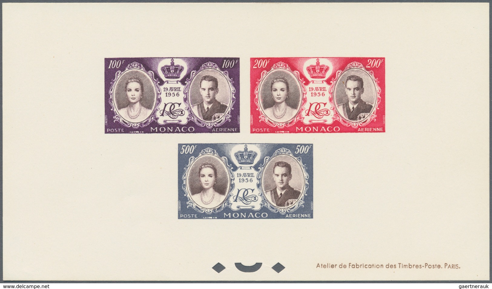 Monaco: 1956, Royal Wedding, 100fr., 200fr. And 500fr. Airmails, Epreuve Collective. Maury PA63/65, - Ongebruikt