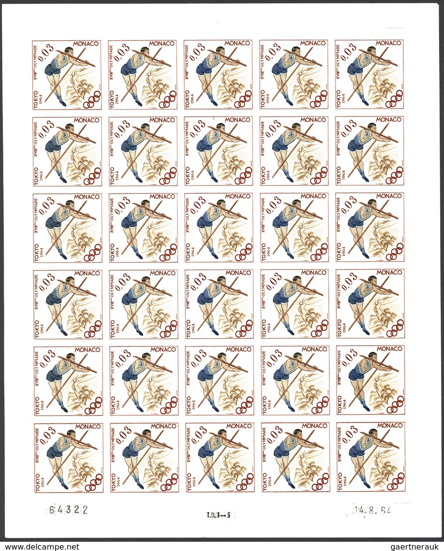 Monaco: 1964, Olympic Games Tokyo, 0.01fr. To 0.04fr., Four Values IMPERFORATE, Complete Sheets Of 3 - Ongebruikt