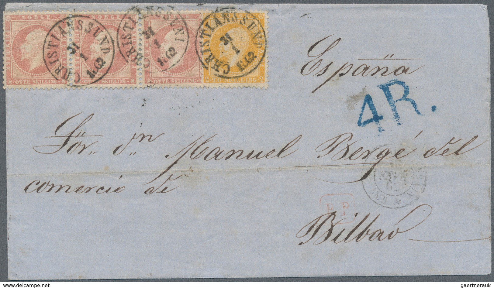 Norwegen: 1862 Destination SPAIN: Folded Cover From Christianssund To Bilbao, SPAIN Via Svinesund An - Altri & Non Classificati