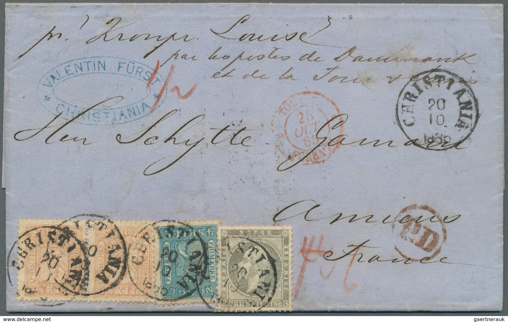 Norwegen: 1865 (20 Oct), Folded Letter Franked With 3sk Oscar I And 4sk + 8sk Pair Arms 1863 Issue, - Other & Unclassified