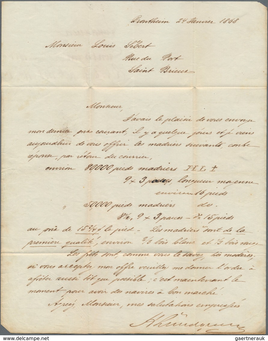 Norwegen: 1868 Entire Letter From Trondheim To St. Brieuc, France Via Christiania, The Belgian-Frenc - Andere & Zonder Classificatie