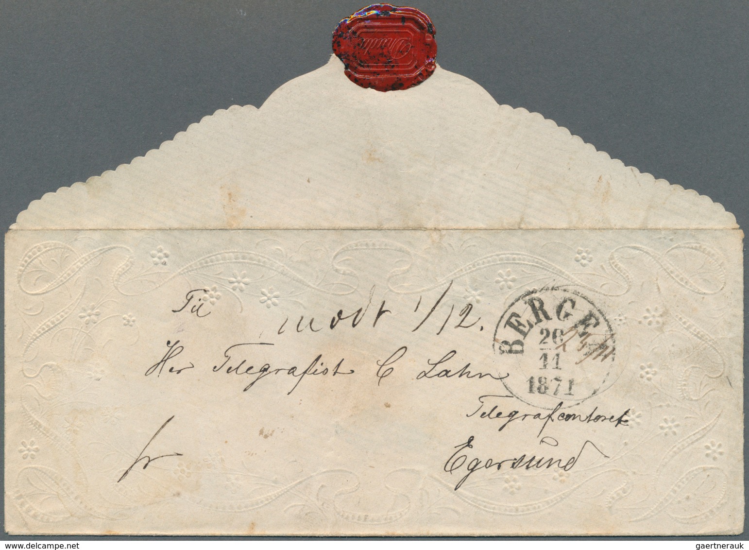 Norwegen: 1871, Nice Moulded Ornamental Envelope From BERGEN To Egersund With Handwritten "fr" (fran - Other & Unclassified