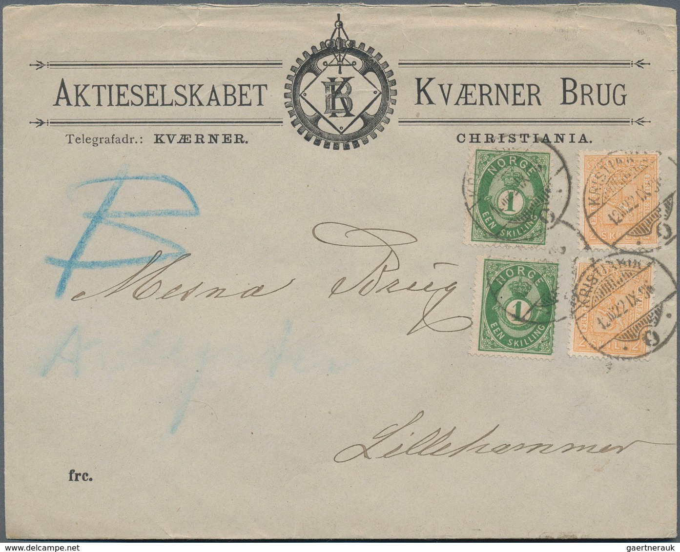 Norwegen: 1896, 2 Sk Arms And 1 Sk, Numeral Each Twice On Cover From CHRISTIANIA To Lilehammer. - Andere & Zonder Classificatie