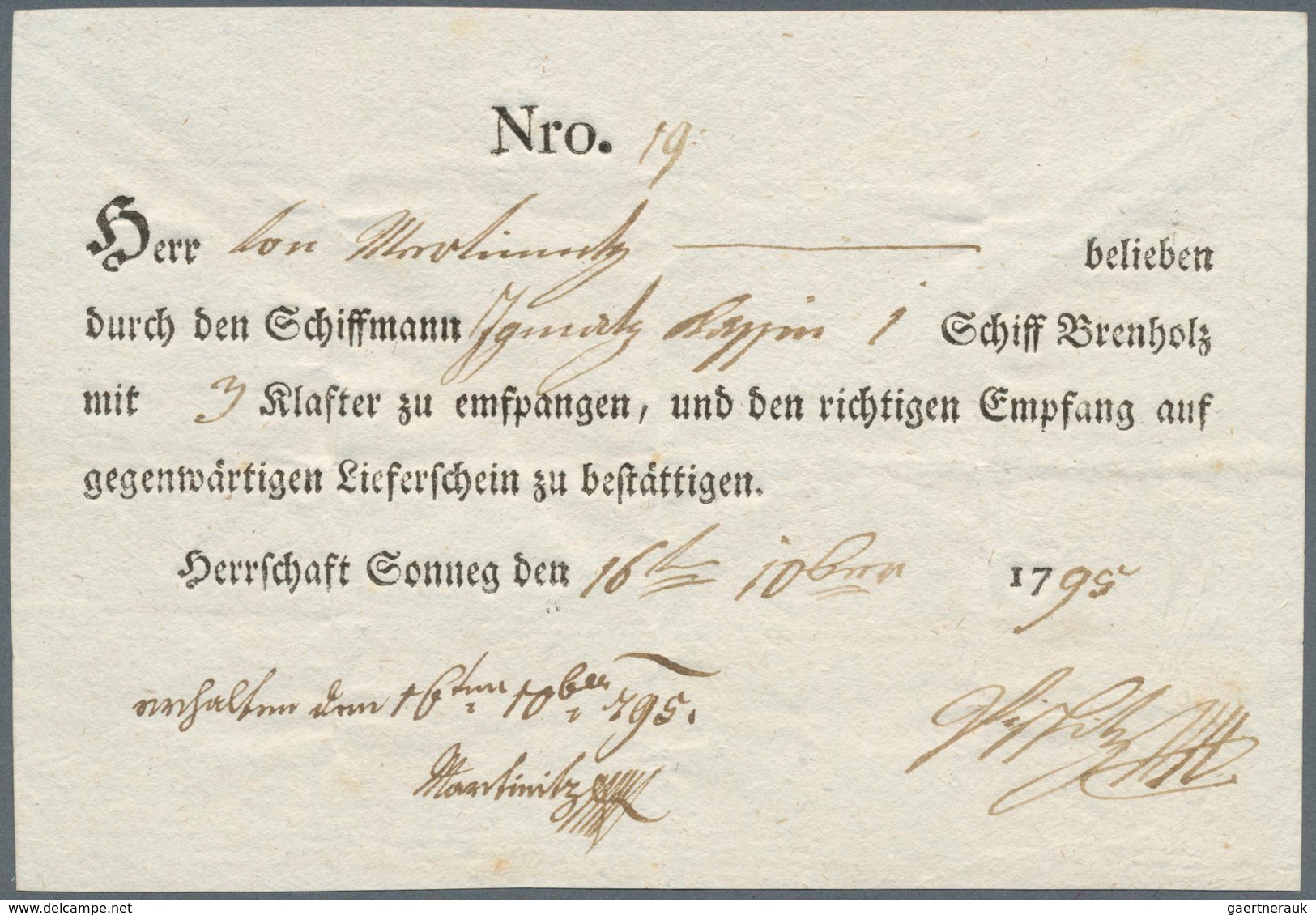 Österreich - Vorphilatelie: 1795 Kärnten Herrschaft Sonnegg Bei Sittersdorf: Aktenfrische Emfangsbes - ...-1850 Voorfilatelie