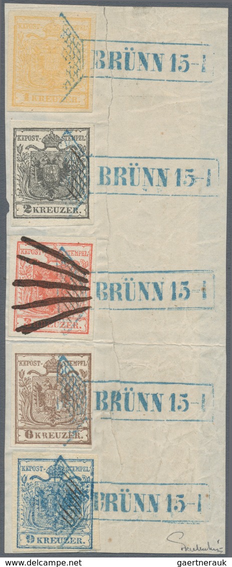 Österreich: 1850: 1 - 9 Kr. Die 5 Werte Der Ersten Ausgabe Auf Naturbelassenem, Unterklebtem Aktenst - Other & Unclassified