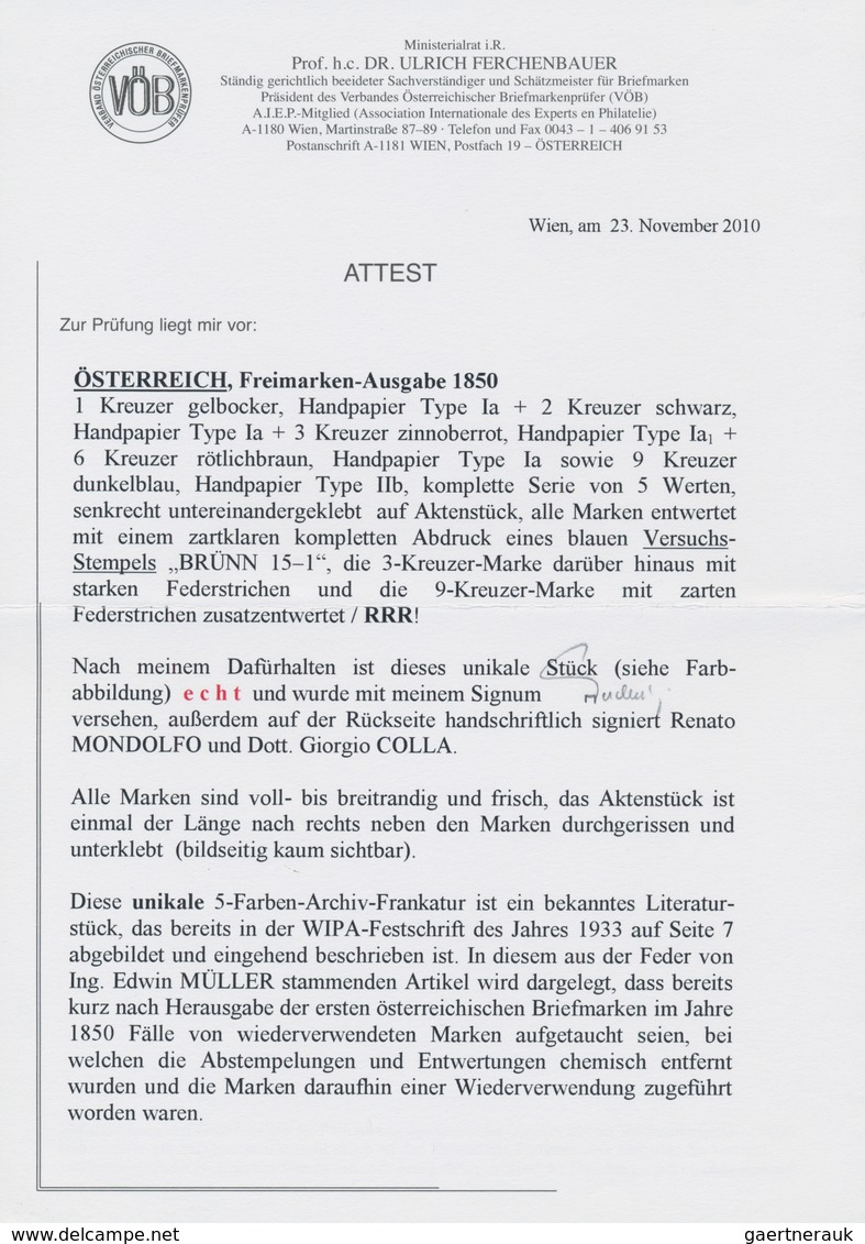 Österreich: 1850: 1 - 9 Kr. Die 5 Werte Der Ersten Ausgabe Auf Naturbelassenem, Unterklebtem Aktenst - Andere & Zonder Classificatie
