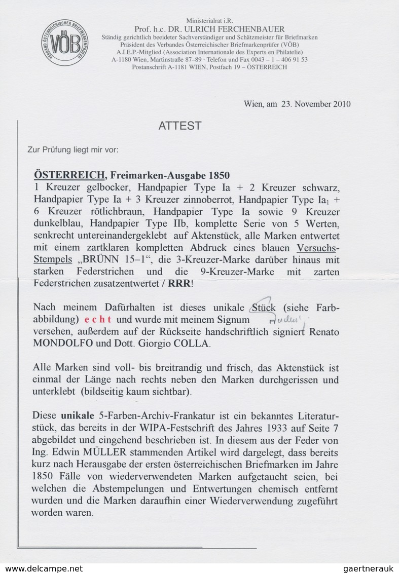 Österreich: 1850: 1 - 9 Kr. Die 5 Werte Der Ersten Ausgabe Auf Naturbelassenem, Unterklebtem Aktenst - Other & Unclassified