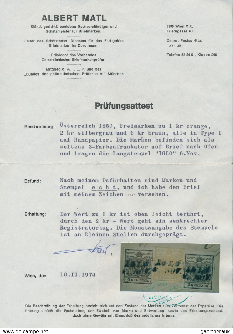 Österreich: 1850, 1 Kr Orange, 2 Kr Silbergrau U. 6 Kr Braun, Je Handpapier, Als 3-Farben Frankatur - Andere & Zonder Classificatie