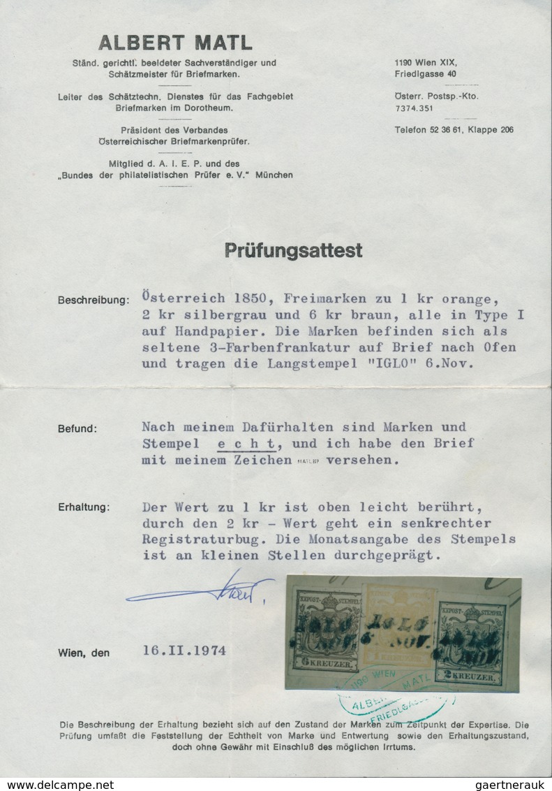 Österreich: 1850, 1 Kr Orange, 2 Kr Silbergrau U. 6 Kr Braun, Je Handpapier, Als 3-Farben Frankatur - Altri & Non Classificati