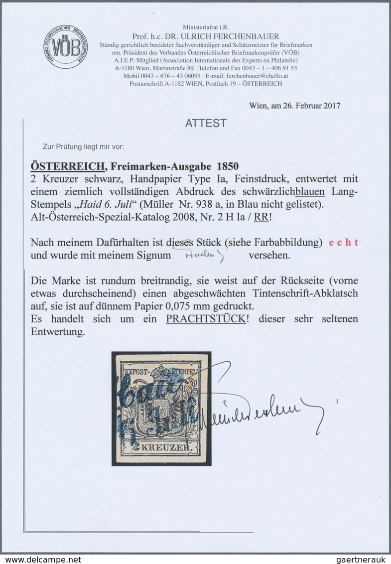 Österreich: 1850, 2 Kreuzer Handpapier Type I A Schwarz, Dünnes Papier 0,075 Mm. Feinstdruck, Entwer - Andere & Zonder Classificatie