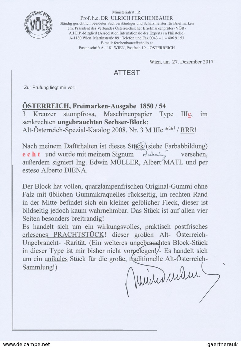 Österreich: 1850/54: 3 Kreuzer Stumpfrosa, Maschinenpapier Type III C, Im Senkrechten Ungebrauchten - Altri & Non Classificati