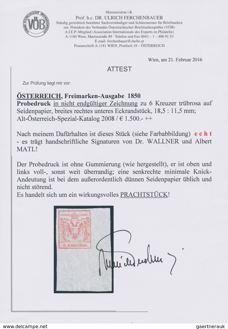 Österreich: 1850, 6 Kreuzer Trübrosa, Probedruck Auf Seidenpapier Von Der Rechten Unteren Bogenecke, - Andere & Zonder Classificatie