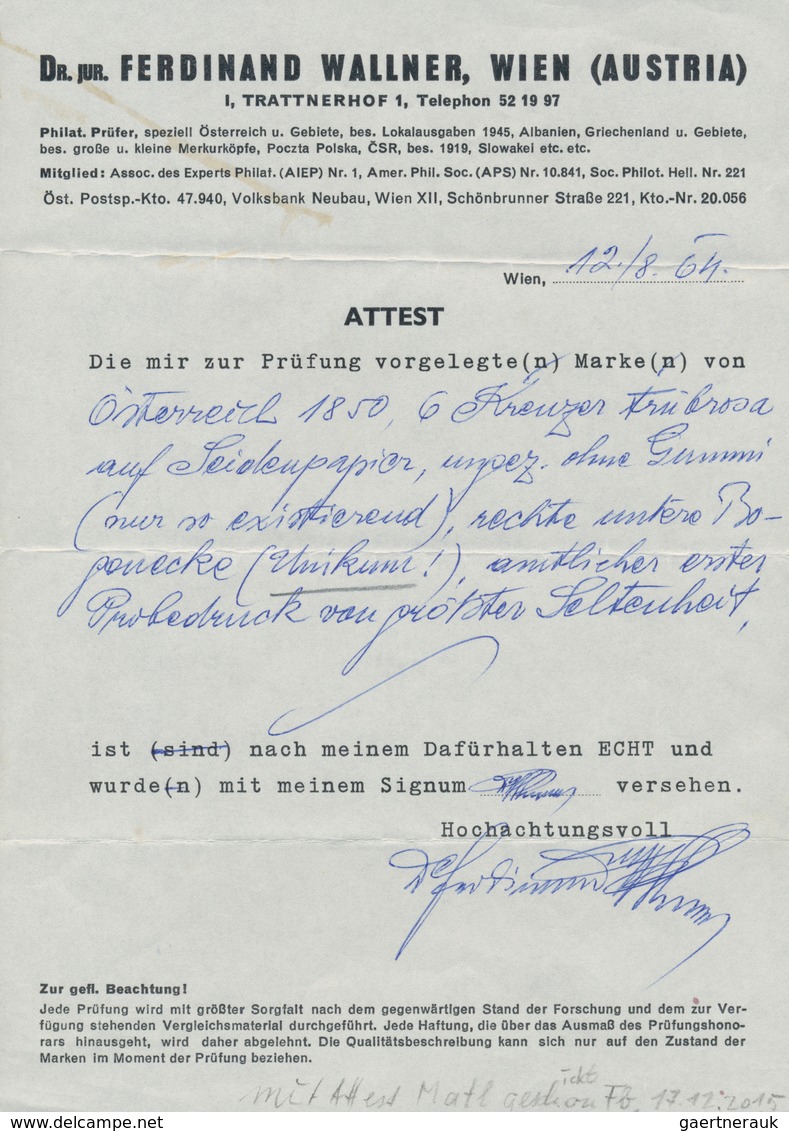 Österreich: 1850, 6 Kreuzer Trübrosa, Probedruck Auf Seidenpapier Von Der Rechten Unteren Bogenecke, - Other & Unclassified