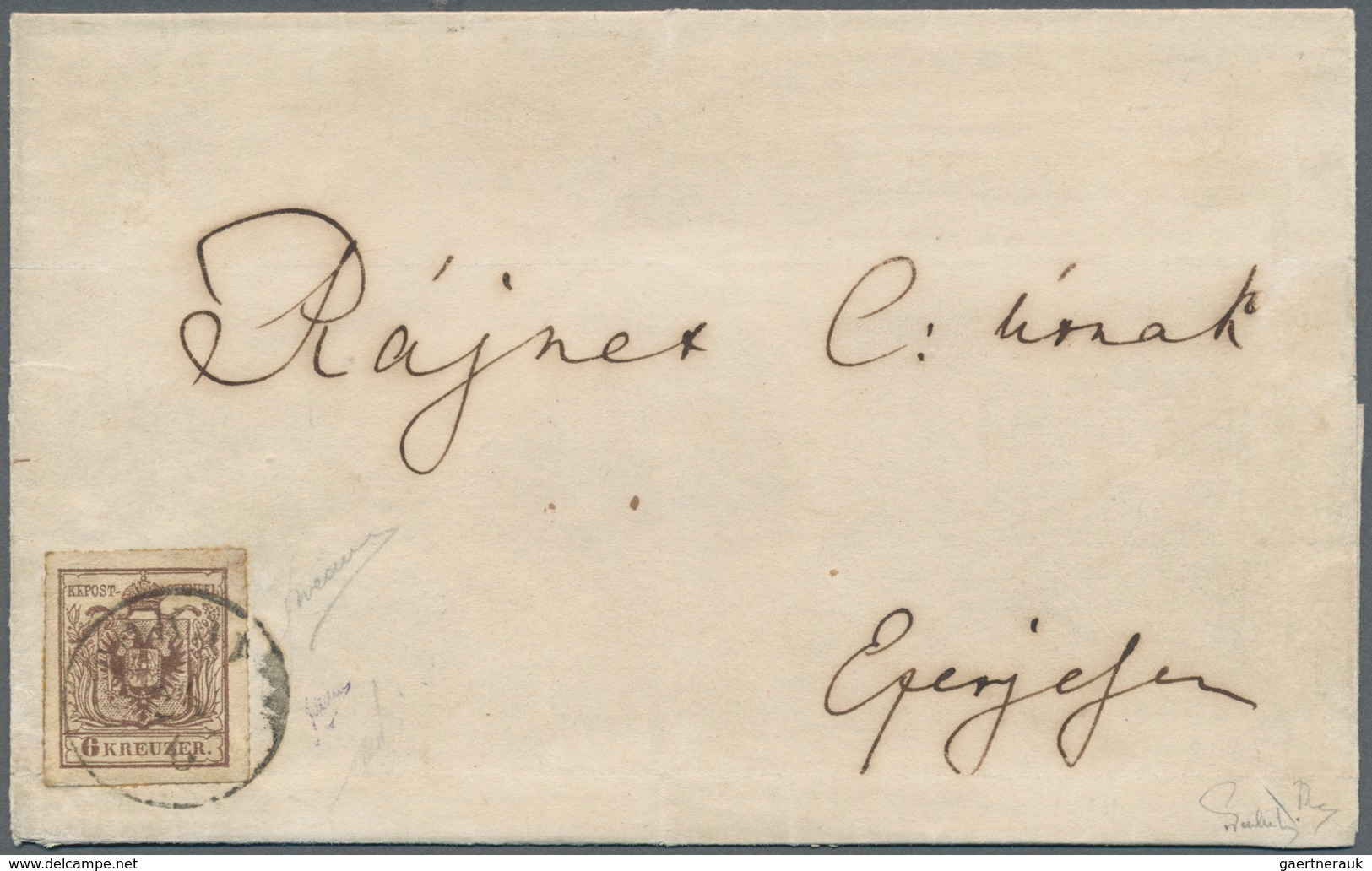 Österreich: 1850: 6 Kreuzer Braun, Handpapier Type III, Linien-Durchstich 14 (sogenannter "Tokayer D - Altri & Non Classificati