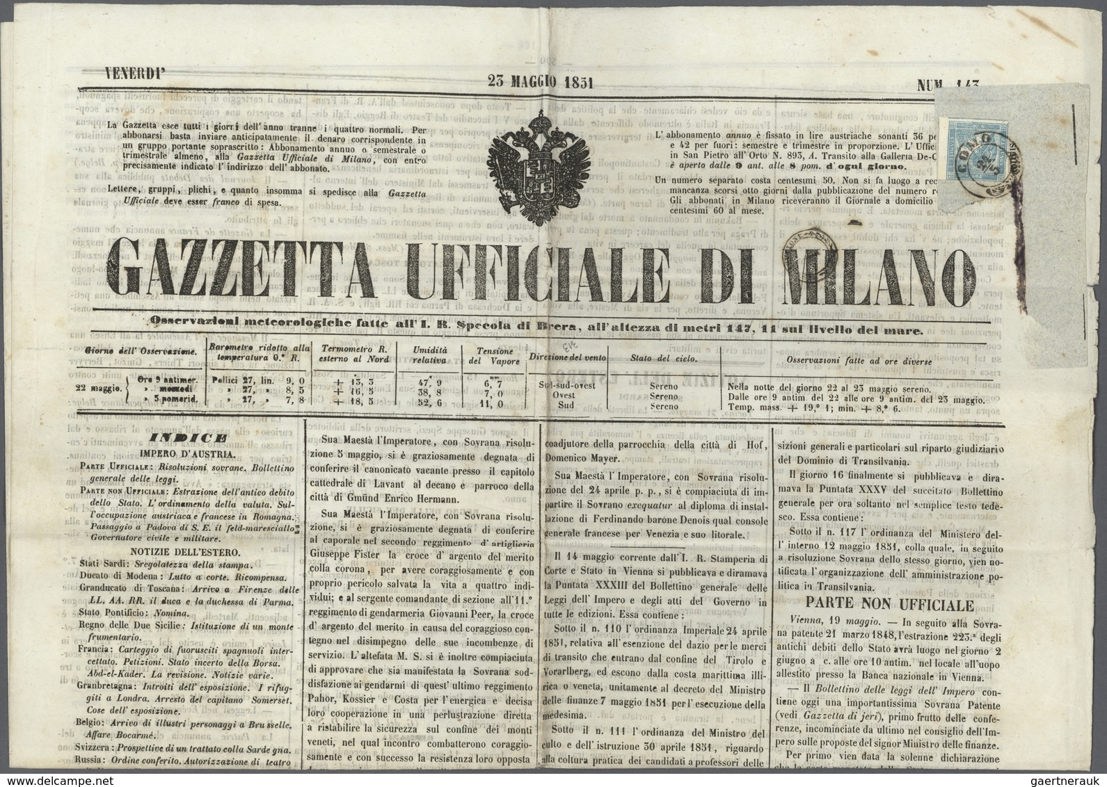 Österreich: 1851, (0,6 Kr/3 C) Hellgrünlichblau "Blauer Merkur" Auf Geripptem Papier, Oben Links Win - Altri & Non Classificati