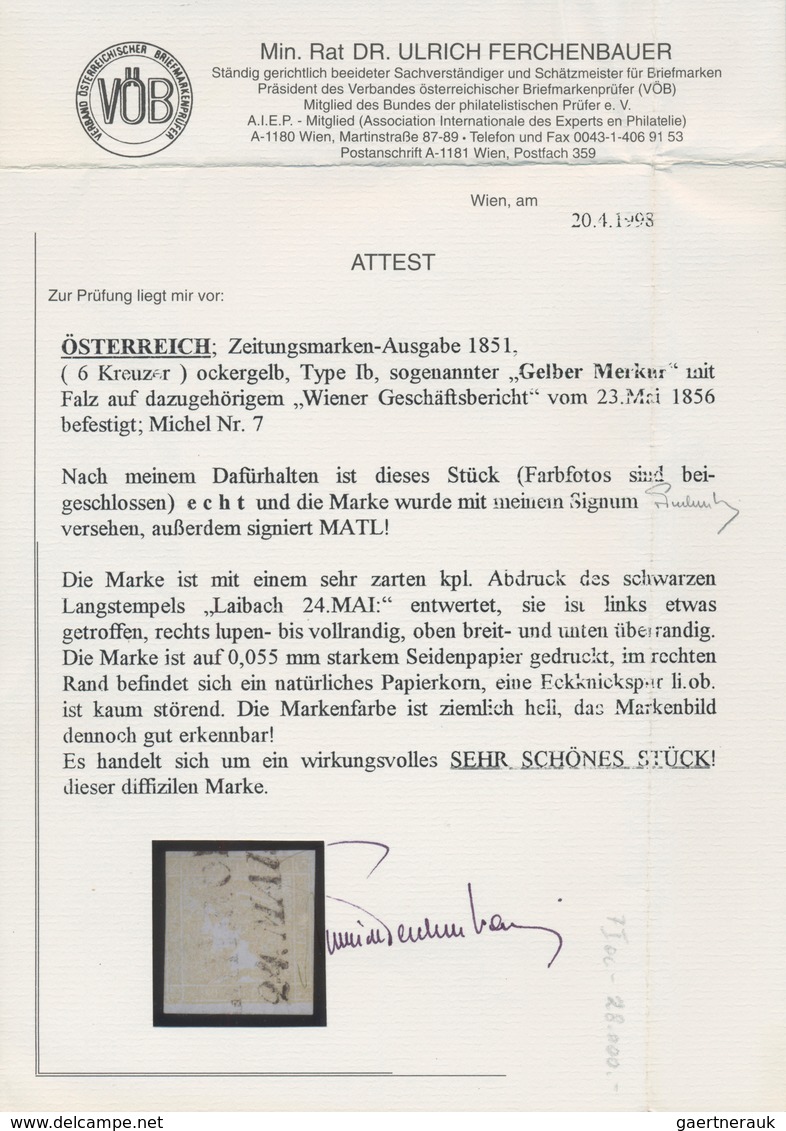 Österreich: 1851, (6 Kreuzer) Ockergelb, Type I B, Sogenannter "GELBER MERKUR", Oben Breit, Unten üb - Altri & Non Classificati