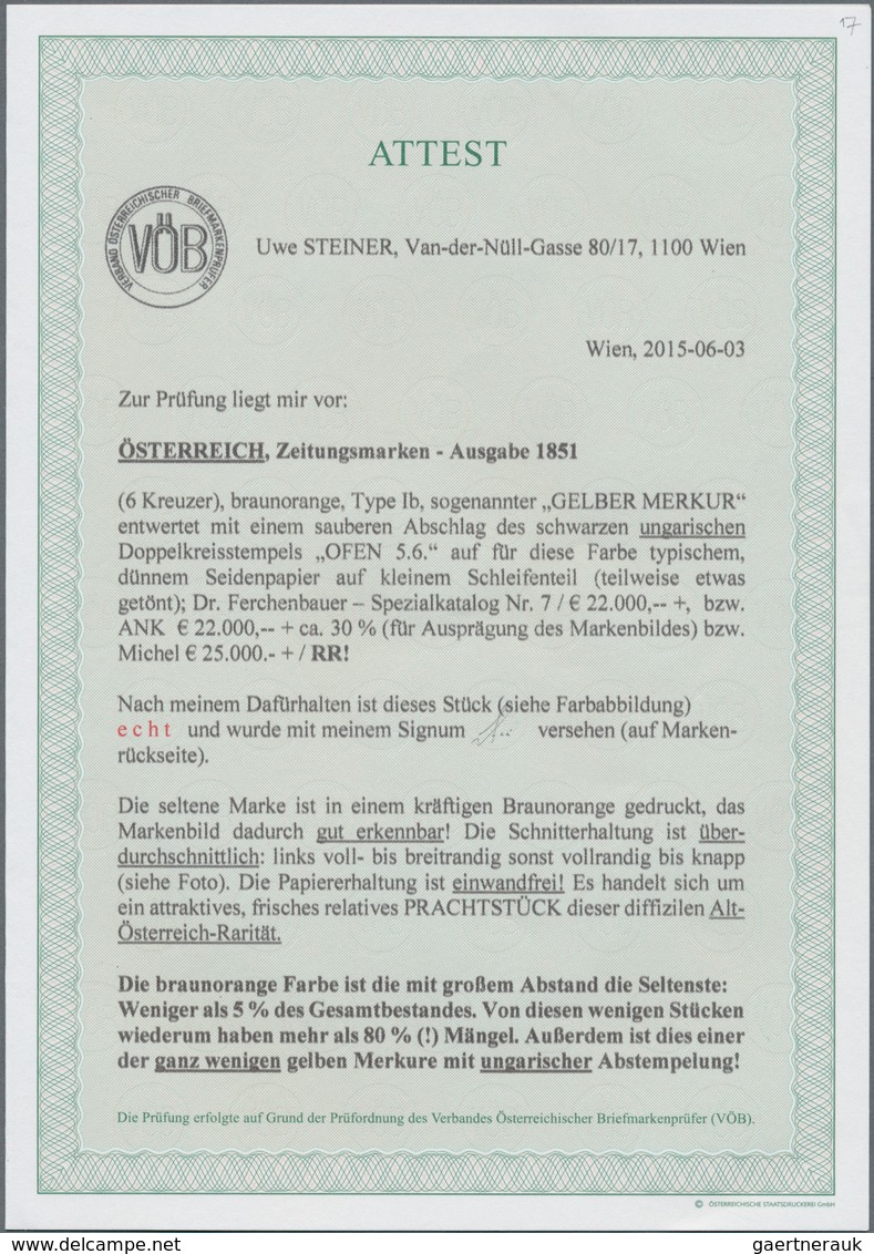 Österreich: 1851, Zeitungsmarke 6 Kreuzer Braunorange, Type I B, Sogenannter "GELBER MERKUR", Entwer - Andere & Zonder Classificatie