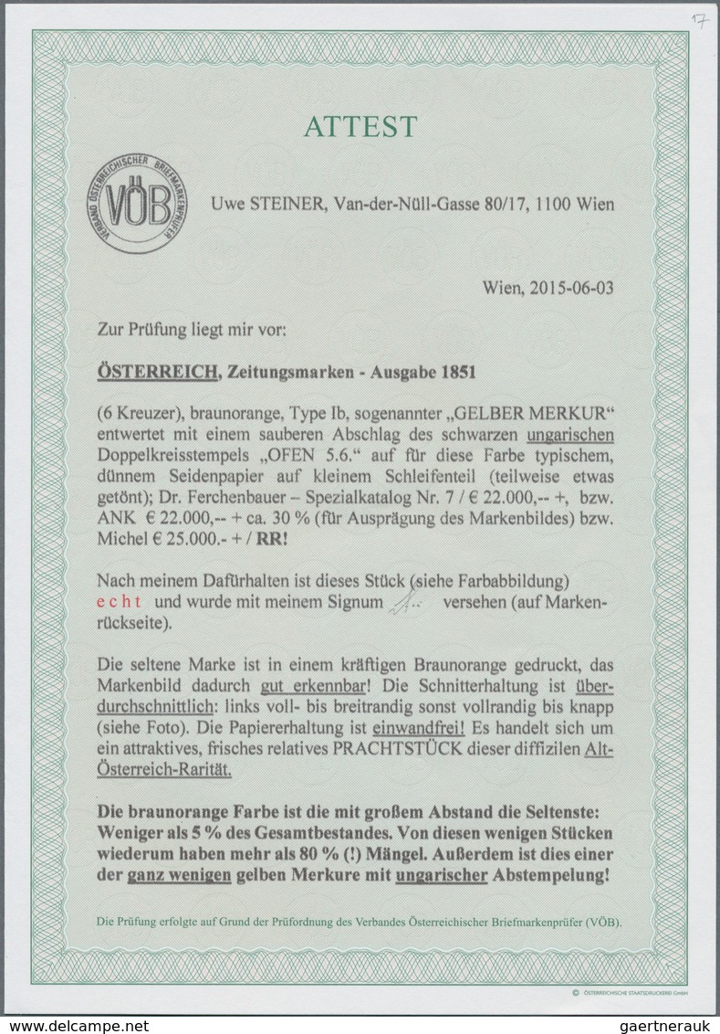 Österreich: 1851, Zeitungsmarke 6 Kreuzer Braunorange, Type I B, Sogenannter "GELBER MERKUR", Entwer - Altri & Non Classificati