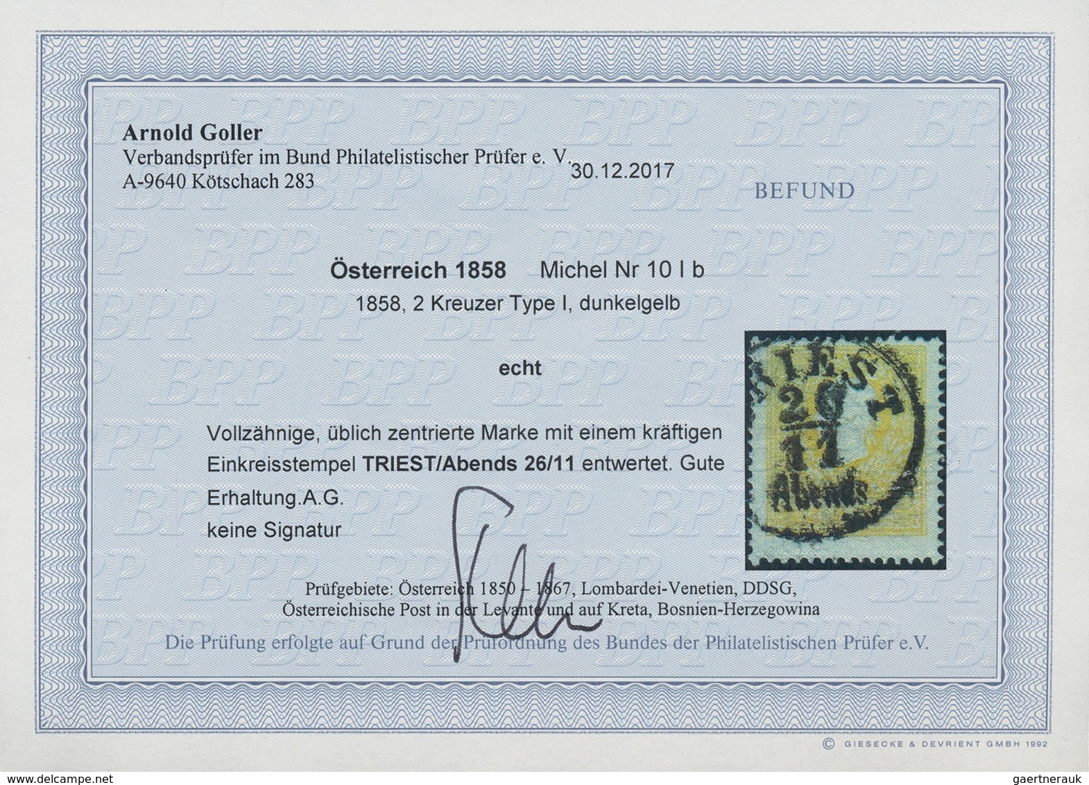 Österreich: 1858, Franz Joseph 2 Kr. Type I Dunkelgelb Mit K1 "TRIEST 26/11", Farbfrische Und Einwan - Other & Unclassified