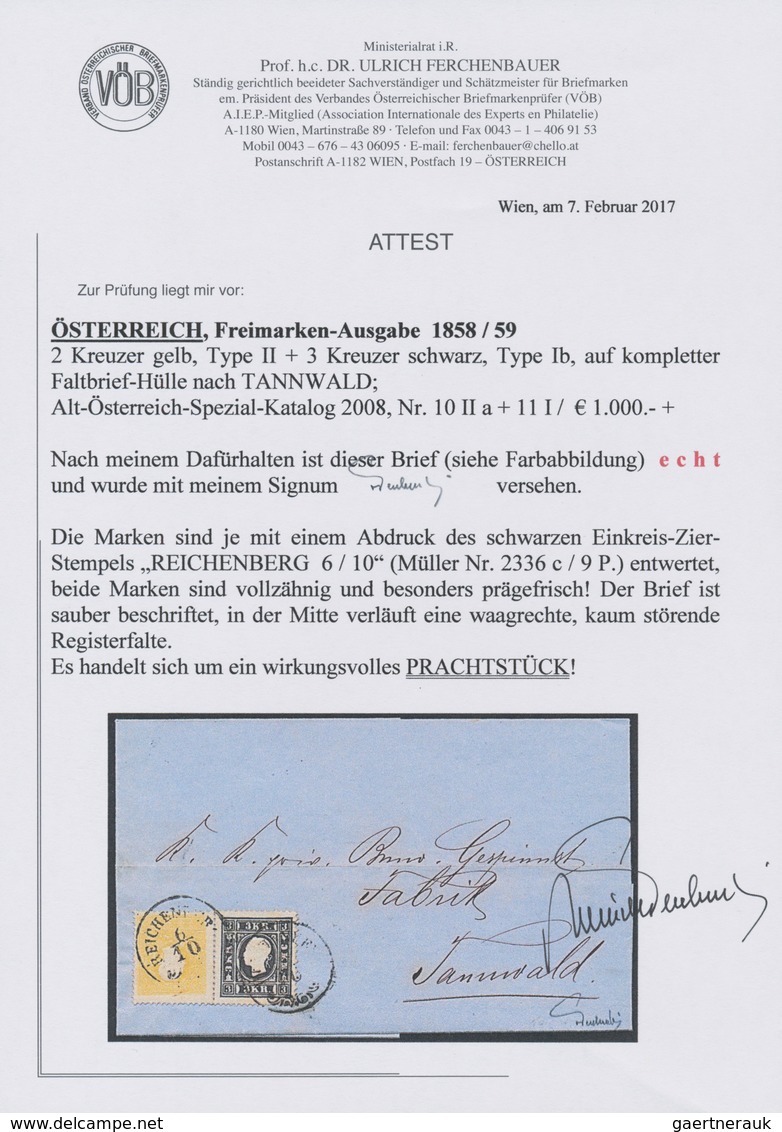 Österreich: 1858/1859, 2 Kr Gelb, Type II, Und 3 Kr Schwarz, Type Ib, MiF Auf Kompletter Faltbriefhü - Other & Unclassified