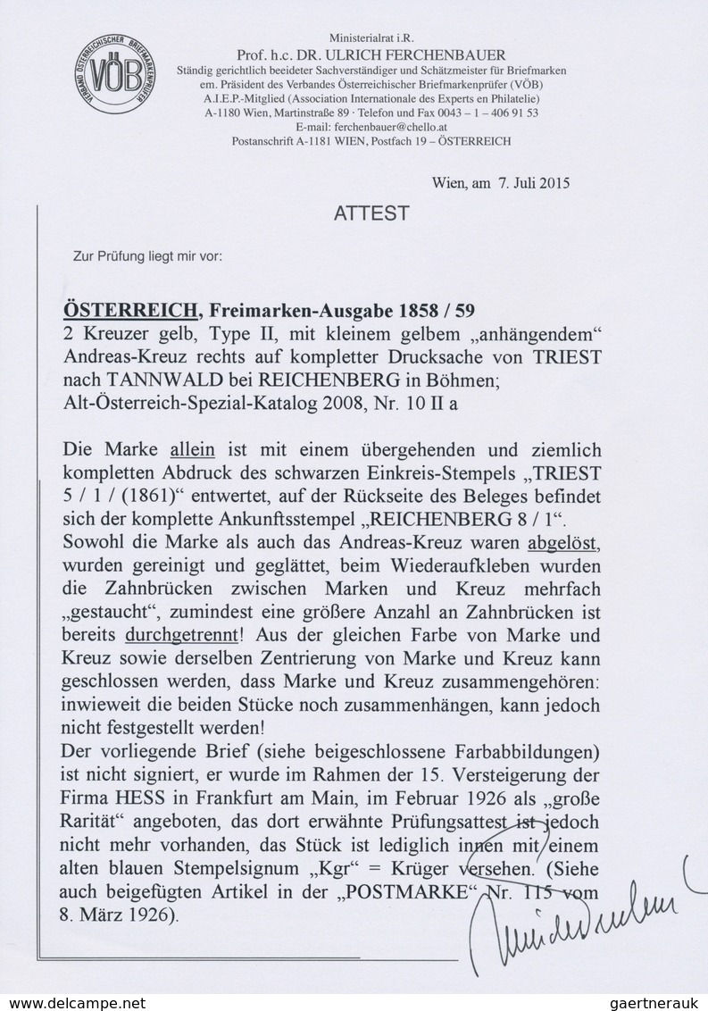 Österreich: 1858/59: 2 Kreuzer Gelb, Type II, Mit Kleinem Gelben Andreas-Kreuz Auf Kompletter Drucks - Andere & Zonder Classificatie