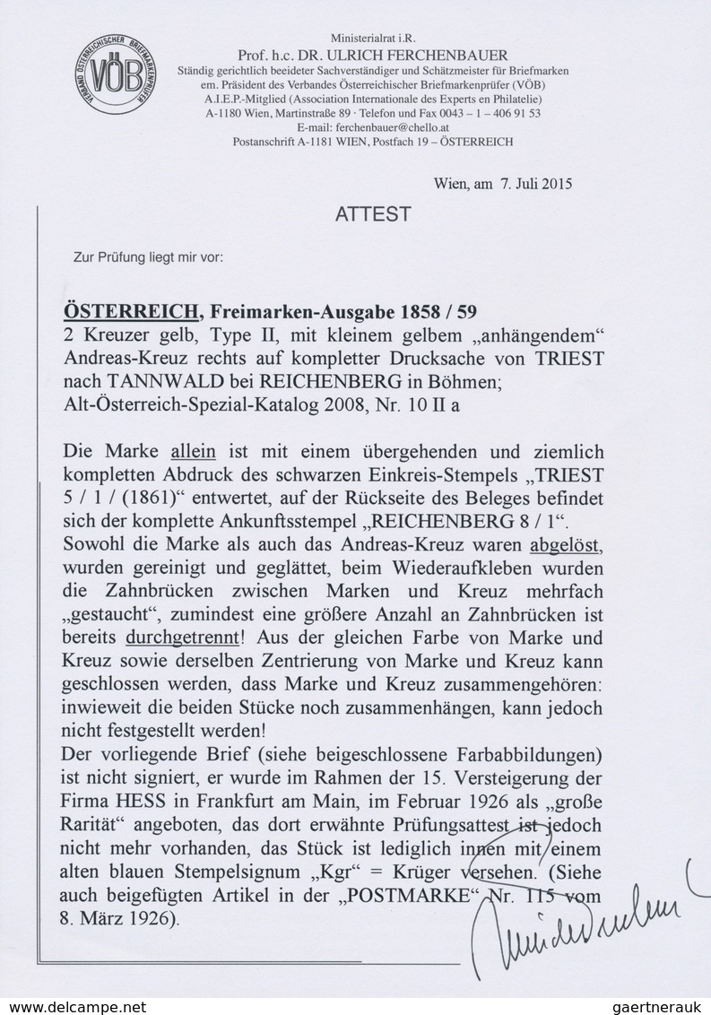 Österreich: 1858/59: 2 Kreuzer Gelb, Type II, Mit Kleinem Gelben Andreas-Kreuz Auf Kompletter Drucks - Other & Unclassified