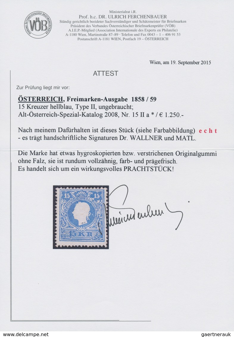 Österreich: 1858, 15 Kr Hellblau, Type II, Farb- Und Prägefrisch Mit Originalgummi, Pracht. Fotoatte - Other & Unclassified