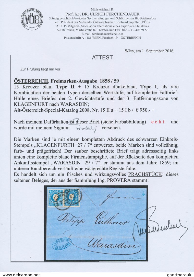 Österreich: 1858/59: 15 Kr. Blau, Type II, Im Paar Geklebt Mit 15 Kr. Dunkelblau, Type I, Auf Unbeha - Andere & Zonder Classificatie