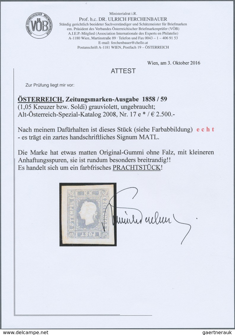 Österreich: 1858 - 1859, Zeitungsmarke Grauviolett, Die Marke Hat Etwas Matten Original-Gummi, Mit K - Andere & Zonder Classificatie
