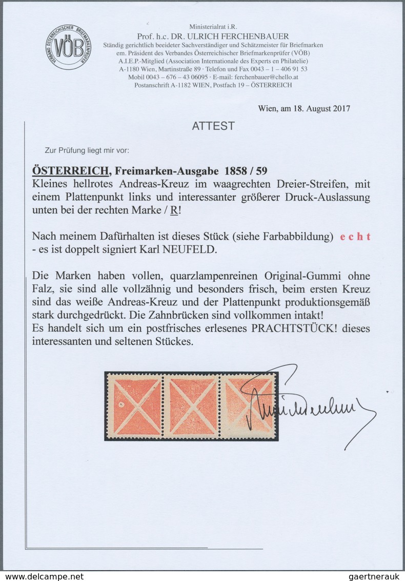 Österreich: 1858 - 1859, Kleines Hellrotes Andreas-Kreuz Im Waagerechten Dreier-Streifen, Mit Einem - Andere & Zonder Classificatie