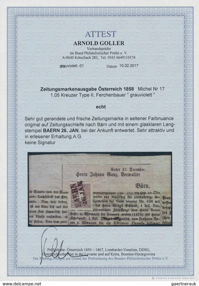 Österreich: 1859, (1,05 Kr) Grauviolett Zeitungsmarke, Allseits Breitrandig Mit Glasklarem Stempel L - Andere & Zonder Classificatie