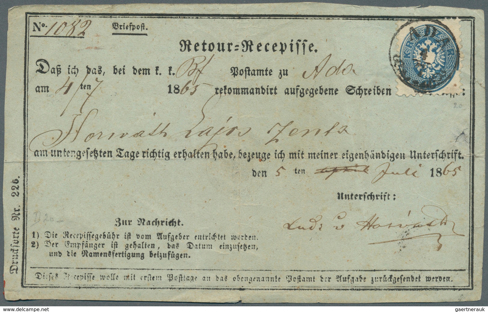 Österreich: 1864, 10 Kreuzer Blau Auf "Retour-Recepisse." Klar Und Zentrisch Entwertet "ADA" (K1) 18 - Altri & Non Classificati