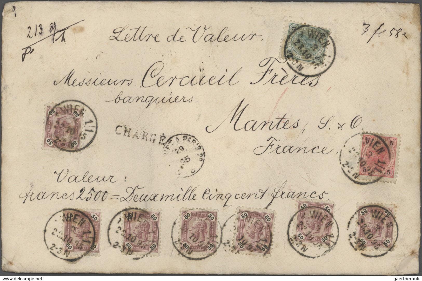 Österreich: 1895, 3 Kr Blaugrün/schwarz, 5 Kr Rot/schwarz Und 7 X 50 Kr Lila/schwarz, MiF Auf Gesieg - Andere & Zonder Classificatie