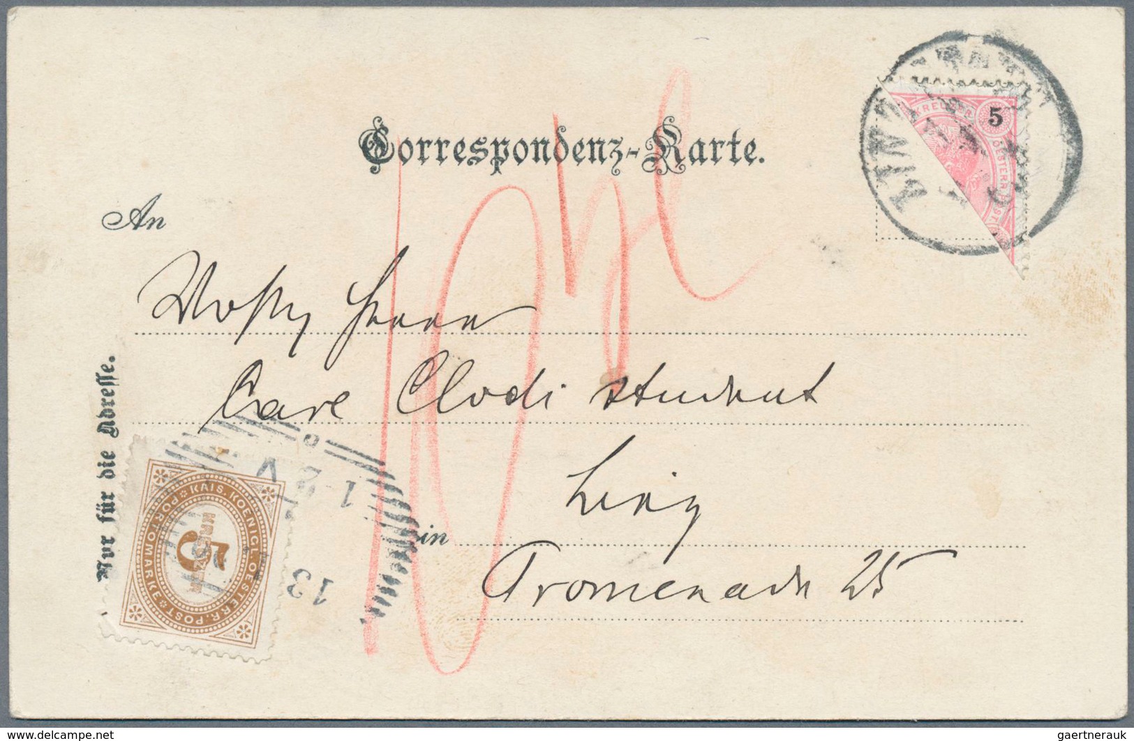 Österreich: 1900, 5 Kreuzer Halbierung Auf Ansichtskarte In Linz, Nicht Anerkannt Und Mit 5 Kr NACHP - Andere & Zonder Classificatie