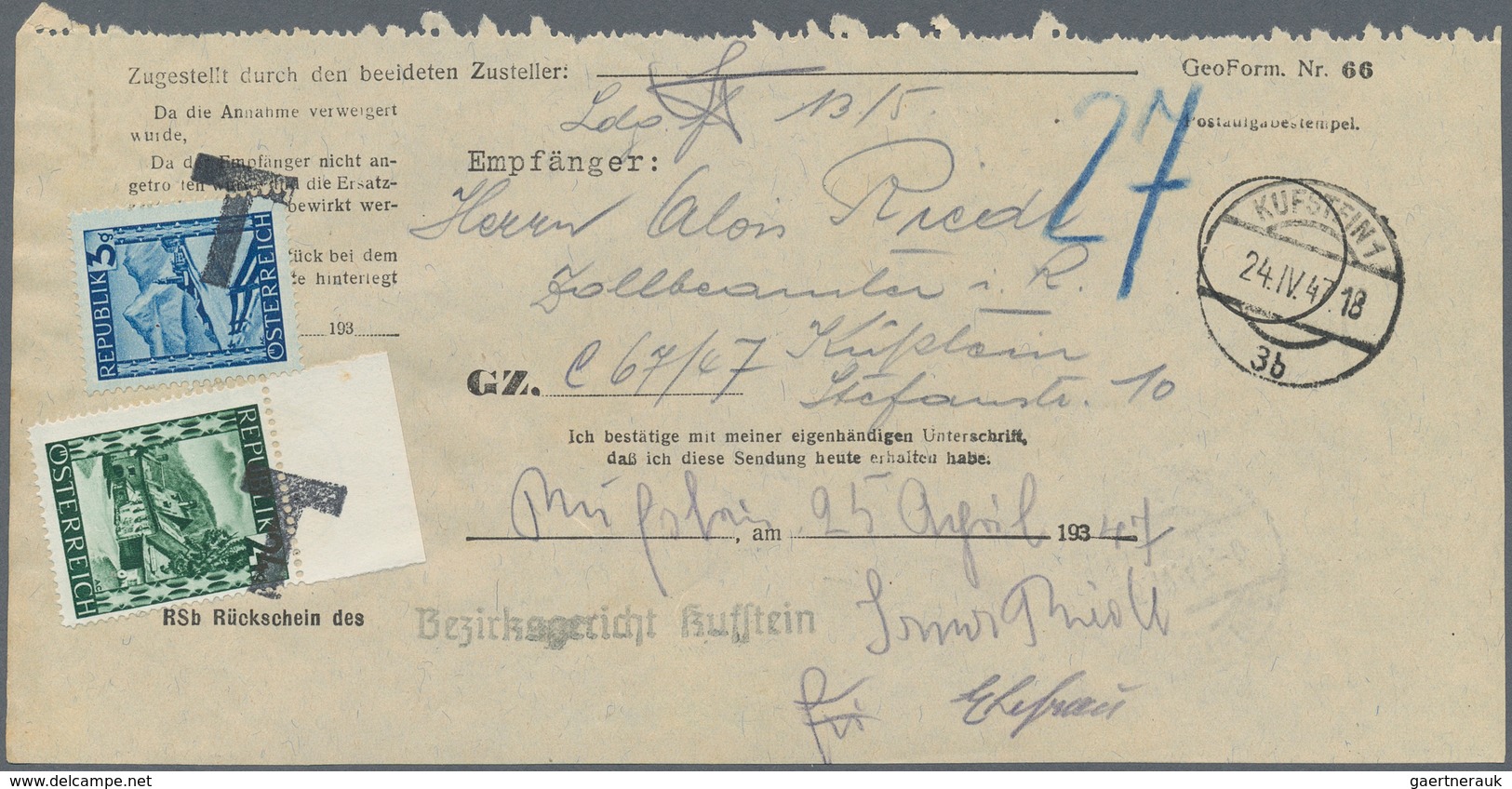 Österreich: 1947, Gerichtsrückschein Für Ortsbriefe Aus Kufstein Vom 24.IV.47. Nachgebühr War 12 Gr. - Andere & Zonder Classificatie