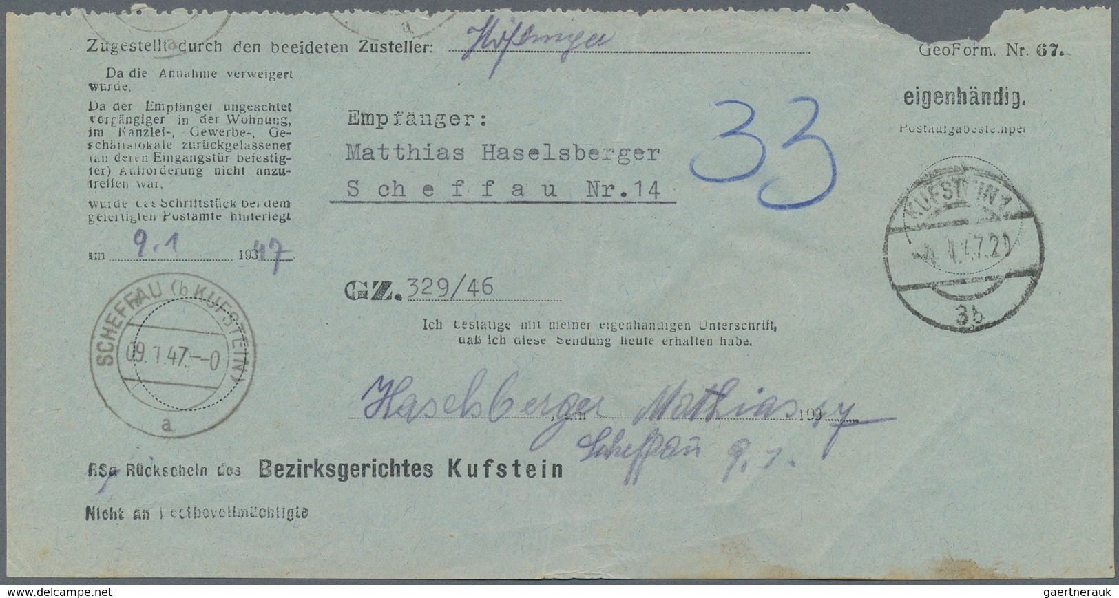 Österreich: 1947, Gerichtsrückschein Für Fernbrief Aus Kufstein Nach Scheffau Vom 4.I.47. Gesamtnach - Andere & Zonder Classificatie