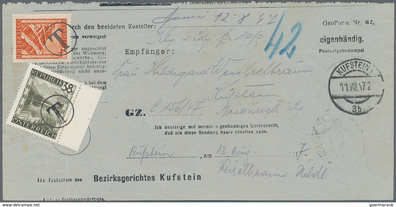 Österreich: 1947, Rückschein Eines Gerichtsbriefes Aus Kufstein Vom 11.8.47. Nachgebühr War 12 Gr. O - Andere & Zonder Classificatie
