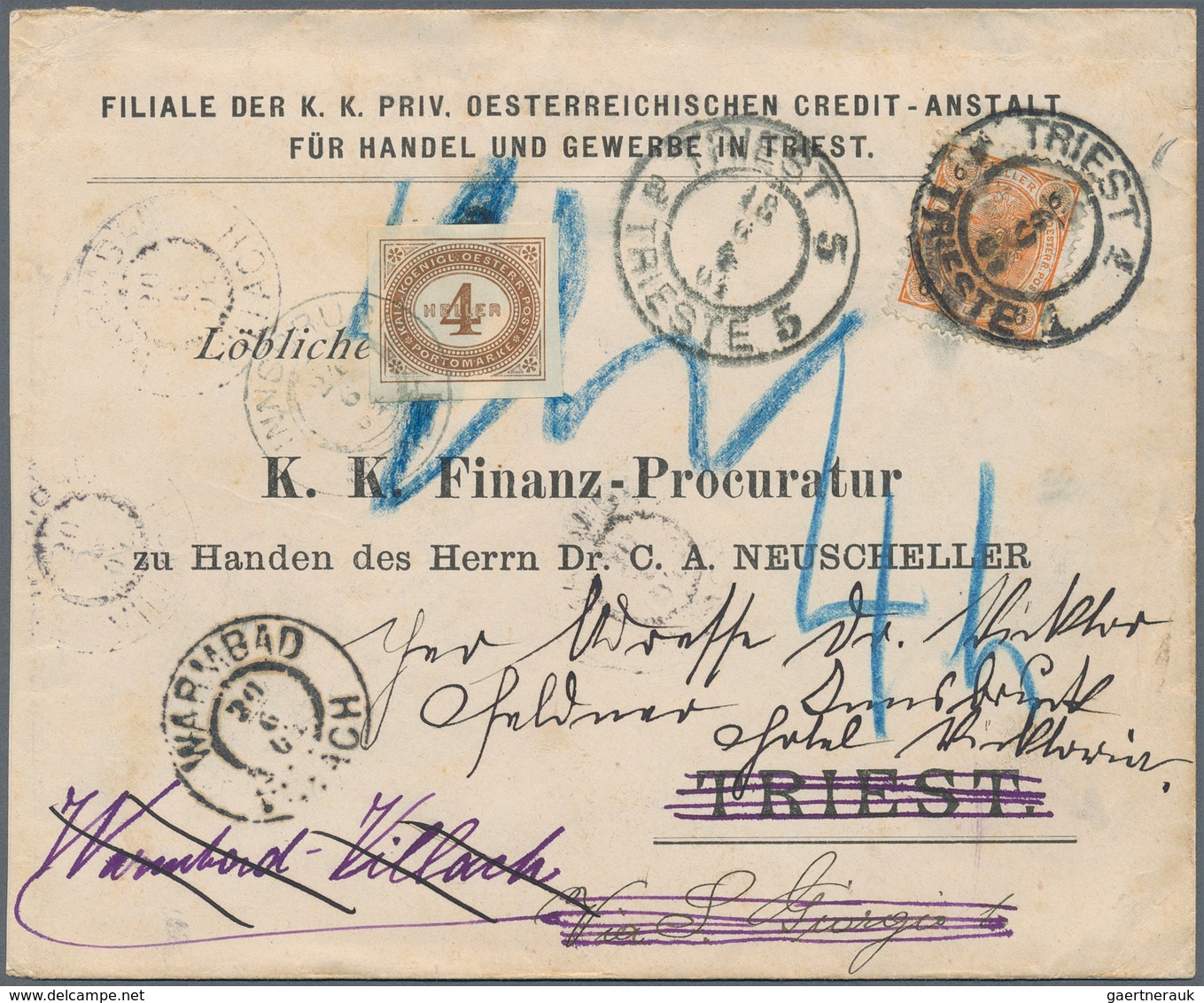 Österreich - Portomarken: 1904/1908, Ortsbrief Aus Triest Nicht Zustellbar Und Für Weiterleitung Nac - Strafport