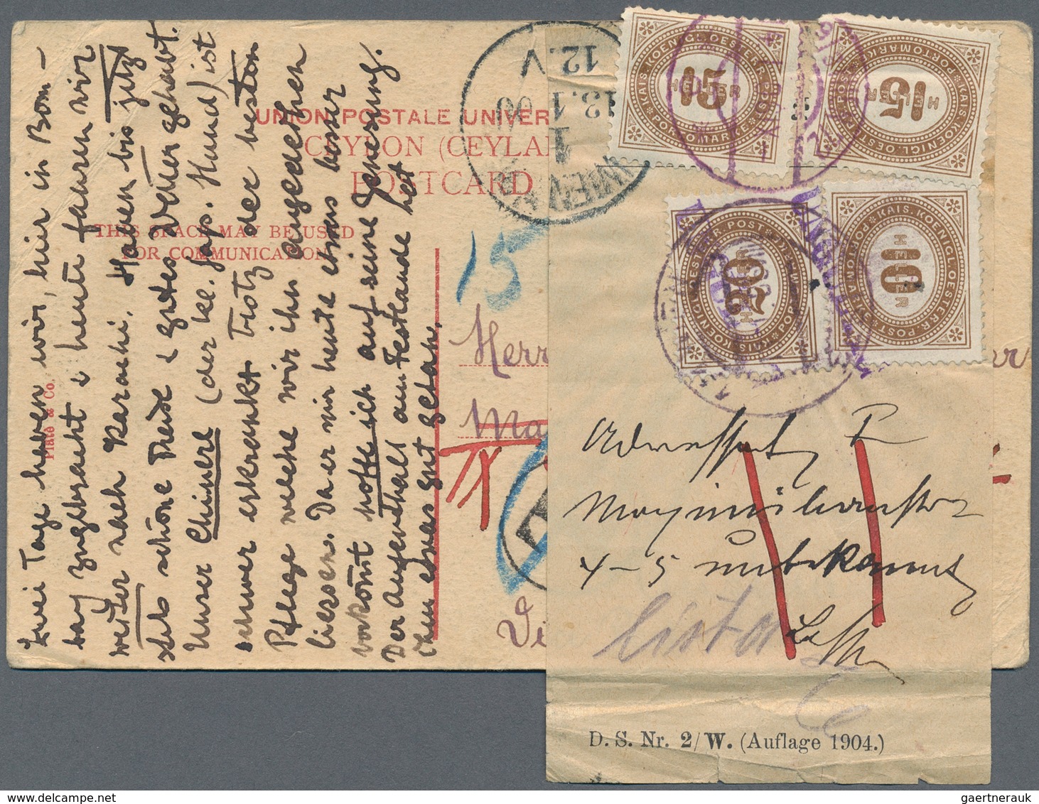 Österreich - Portomarken: 1905, Ansichtskarte Aus INDIEN Nach Wien Frankiert Mit 1 Anna Statt 4 Anna - Segnatasse