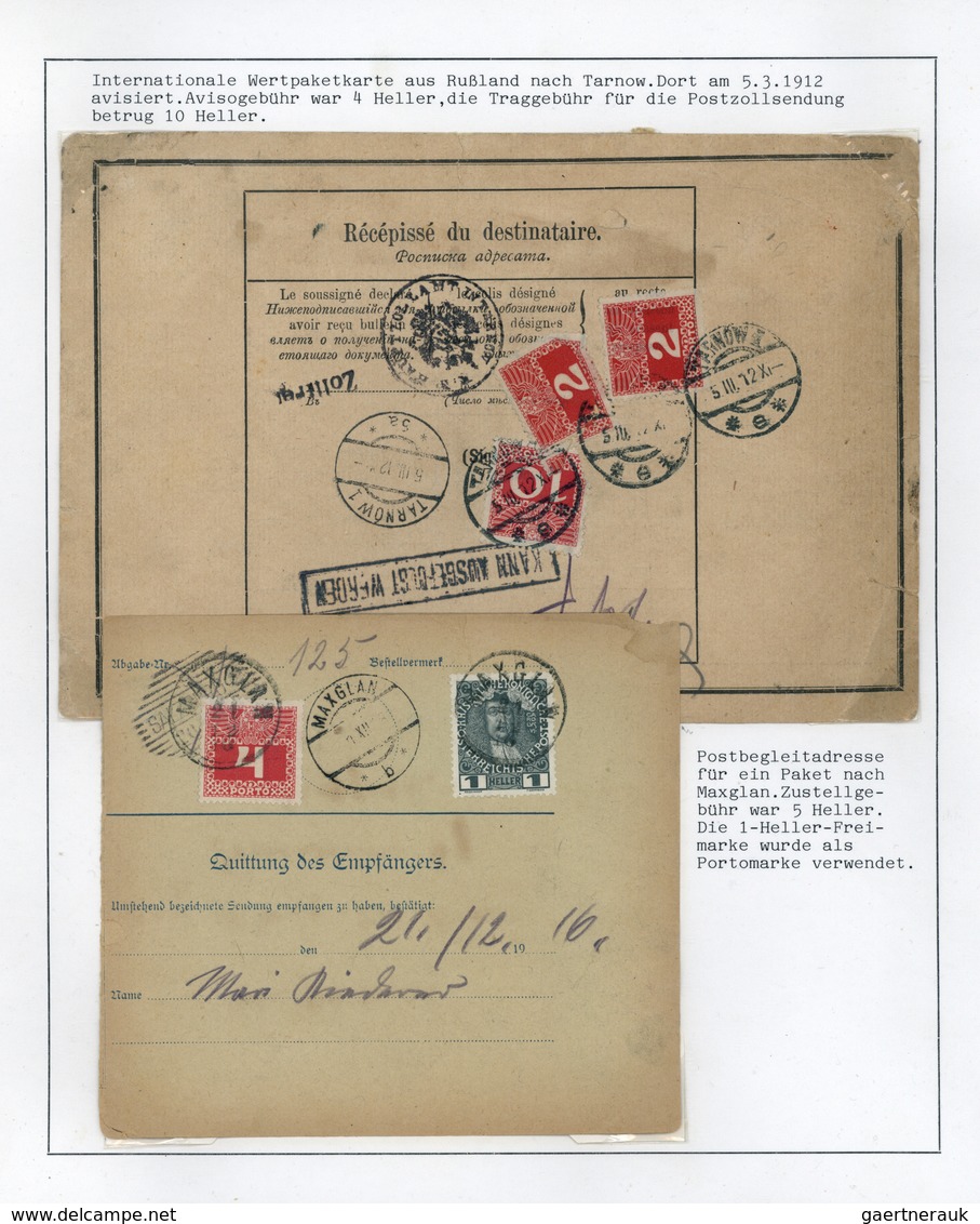 Österreich - Portomarken: 1912/1916, Internat. Wertpaketkarte Aus Rußland Nach Tarnow, Avisogebühr W - Segnatasse