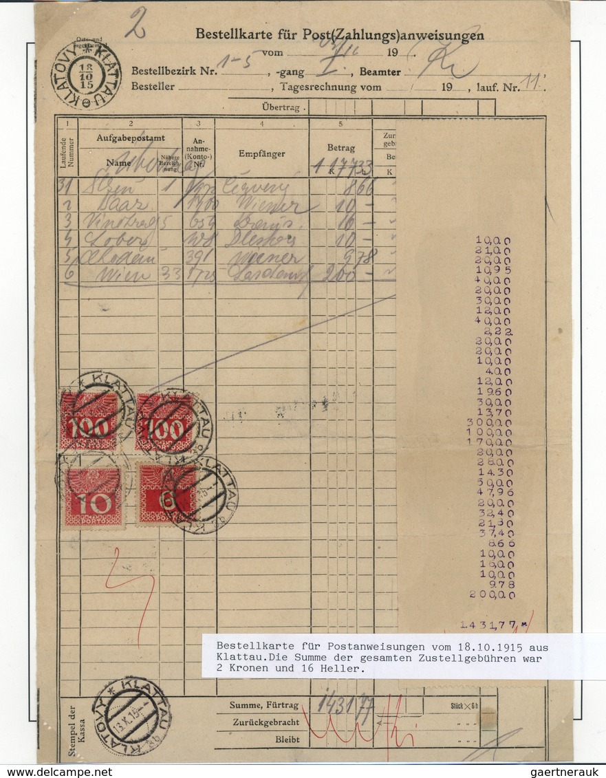 Österreich - Portomarken: 1915, Bestellkarte Für Zahlungsanweisungen Aus Klattau, Die Gesamtsumme De - Segnatasse