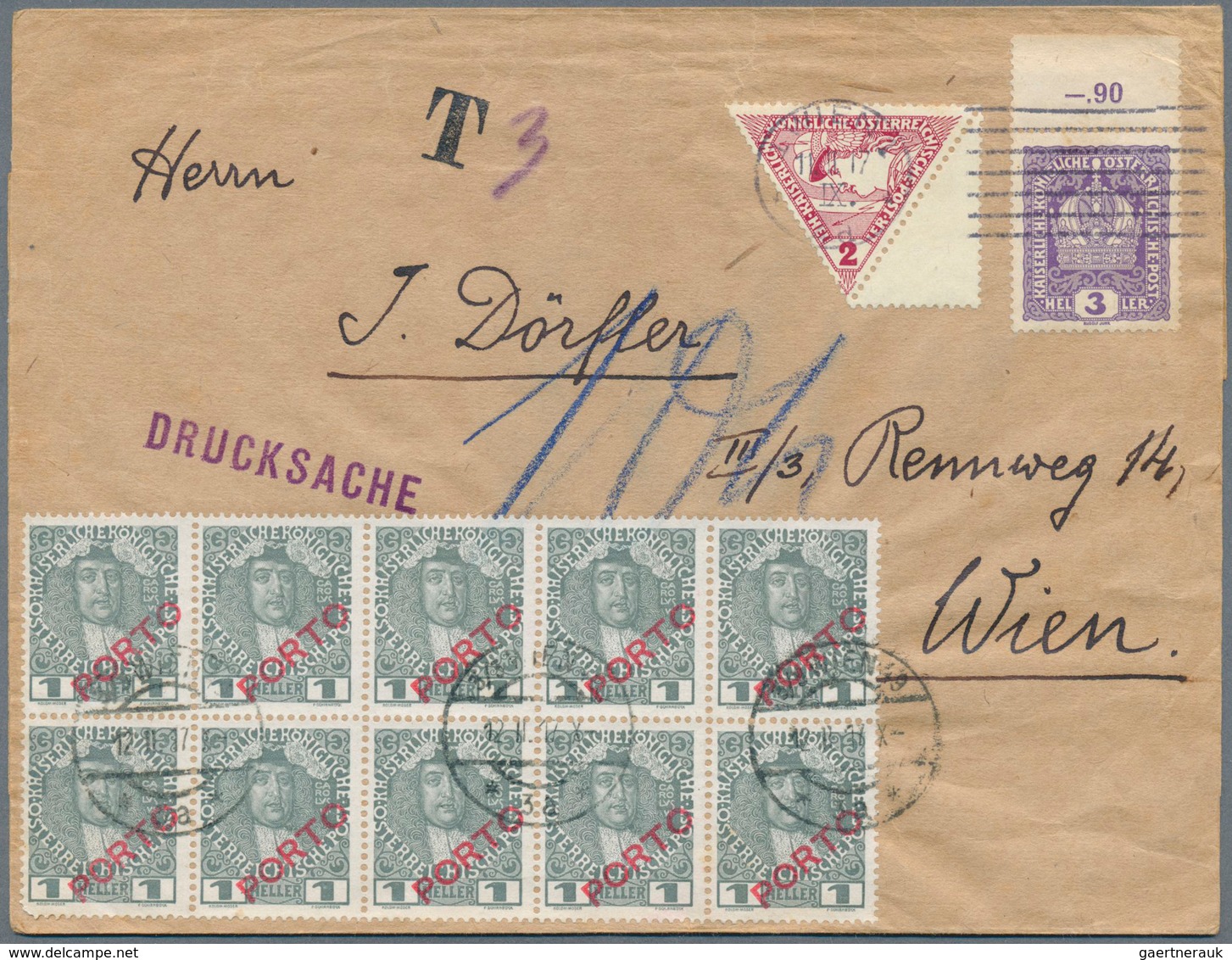 Österreich - Portomarken: 1917, Drucksache Der 3. Gewichtsstufe Aus Wien Mit "T 3" Taxstempel Verseh - Strafport