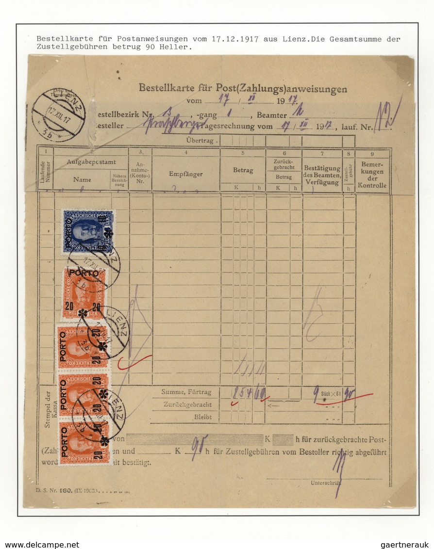 Österreich - Portomarken: 1917, Bestellkarte Für Zahlungsanweisungen Aus Lienz, Die Gesamtsumme Der - Postage Due