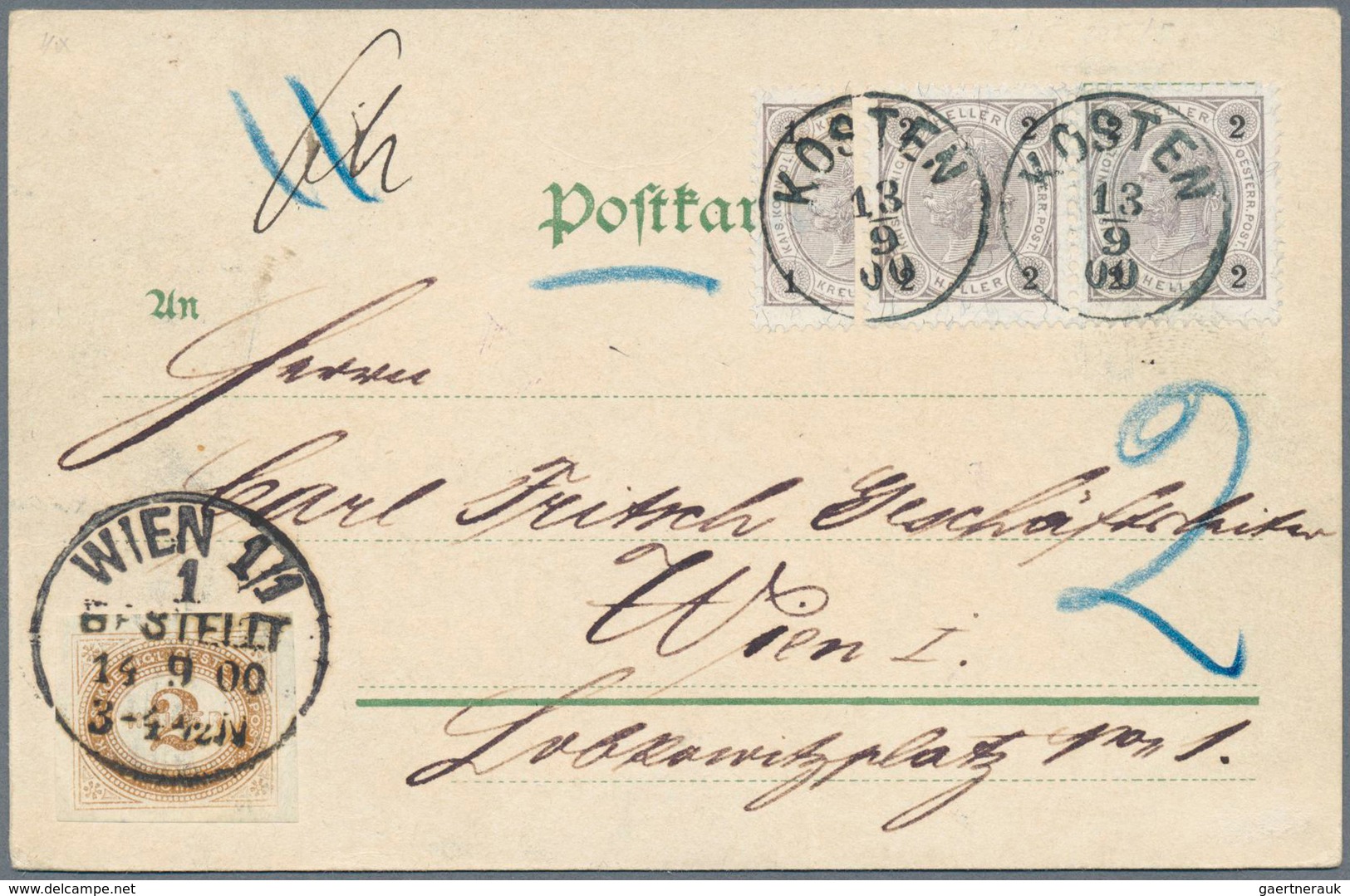 Österreich - Portomarken: 1900, 2 Heller Halbierung Und 2 H Im Paar Auf Ansichtskarte Von Kosten Nac - Strafport