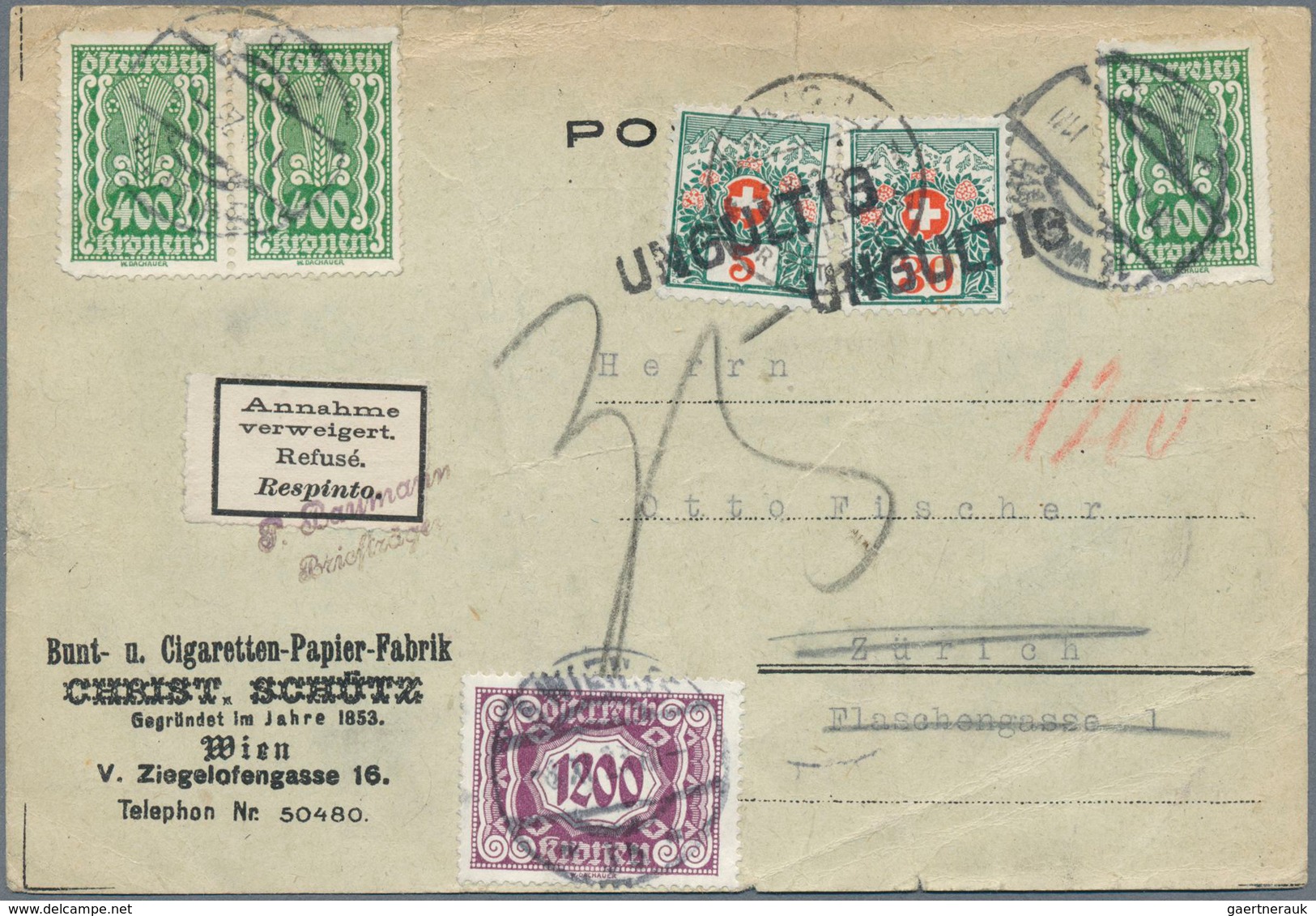 Österreich - Portomarken: 1923, Unterfrankierte Auslandskarte In Die Schweiz. Nachporto In Zürich Wa - Strafport