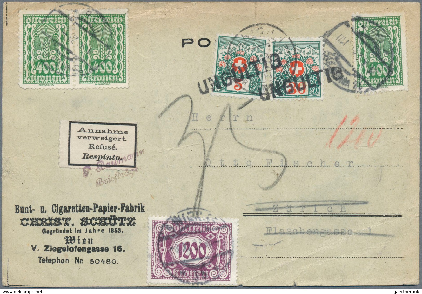 Österreich - Portomarken: 1923, Unterfrankierte Auslandskarte In Die Schweiz. Nachporto In Zürich Wa - Postage Due